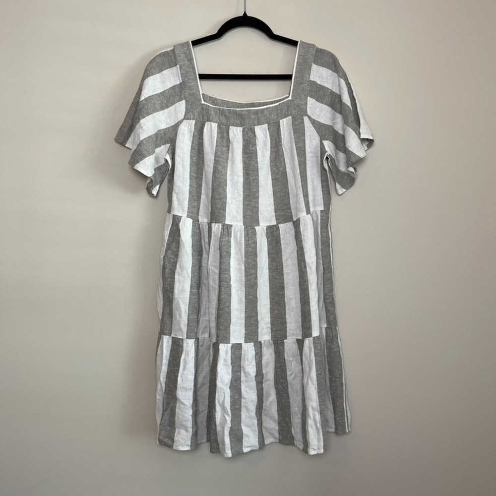 LOFT Linen Blend Striped Square Neck Flowy Summer Tiered Mini Dress Women's Sz M